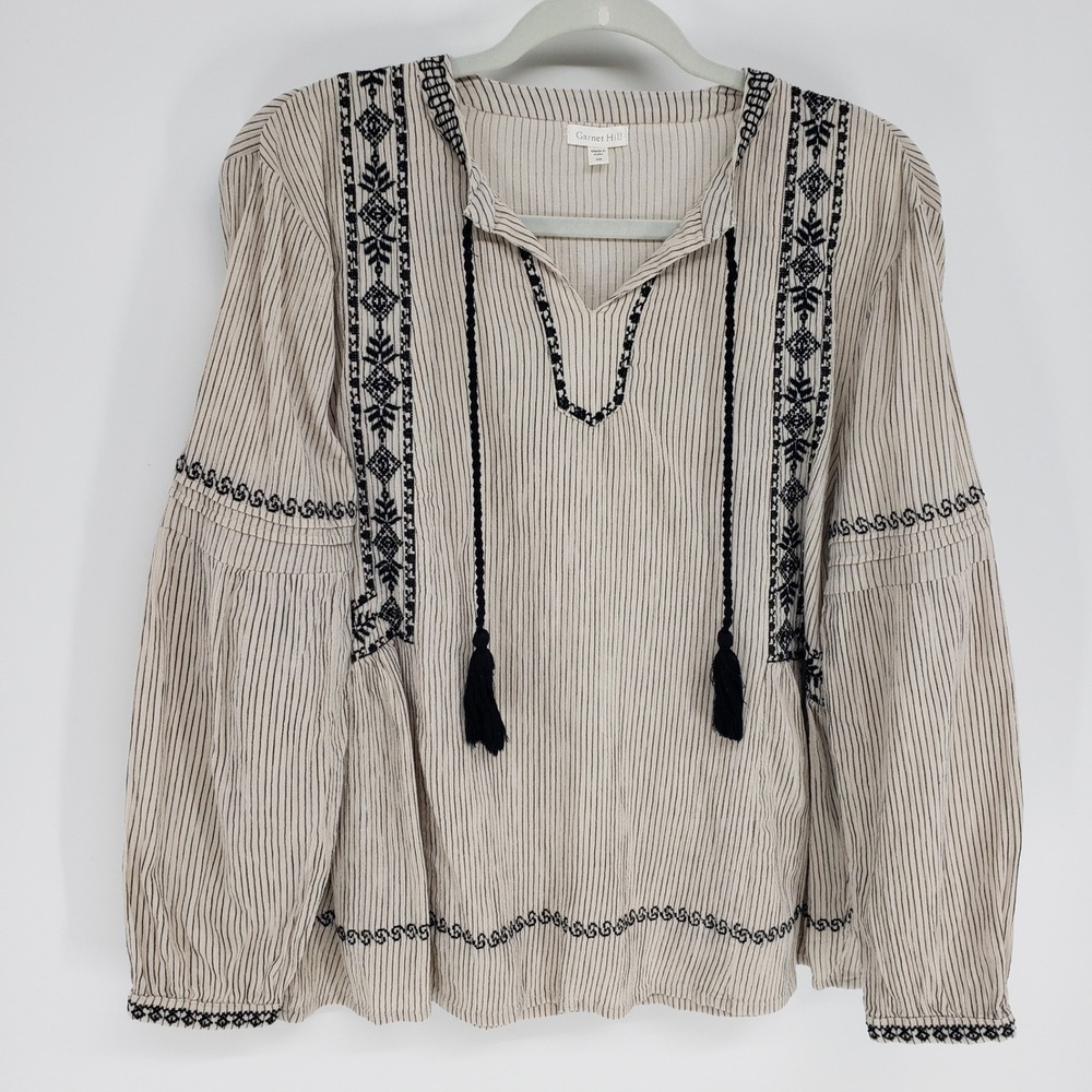 Garnet Hill Embroidered Peasant Blouse Women Size 2 Cream Black Striped Tassel